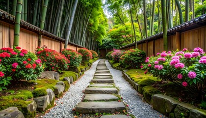 Obraz premium Zen garden pathway, vibrant flowers