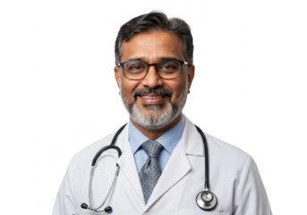 A smiling indian doctor with glasses and a beard, wearing a lab coat and stethoscope, isolated on transparent background
