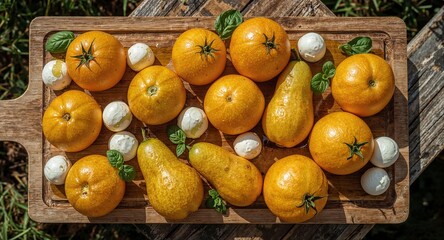Overhead view of yellow tomatoes pears mozzarella balls and basil on a wooden cutting board outdoors