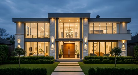 Obraz premium Modern Mansion at Twilight Luxurious Home with Contemporary Design and Illuminated Interiors, Creating an Elegant and Inviting Residence