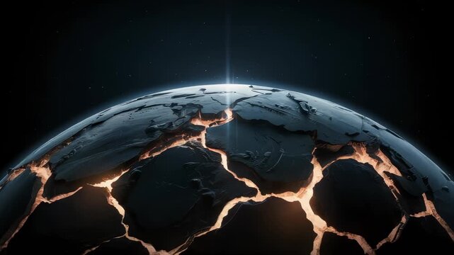 Cracked rotating planet with glowing fissures