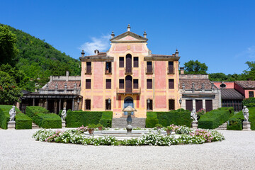 Panorama of the Villa Barbarigo Valsanzibio Padua Galzignano Terme. The monumental garden of the seventeenth century, with the fountain, the statue of the putto, Veneto, Italy.(16th-17th century)