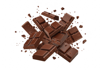 Delicious chocolate bars breaking apart into pieces with crumbs flying around isolated on transparent background