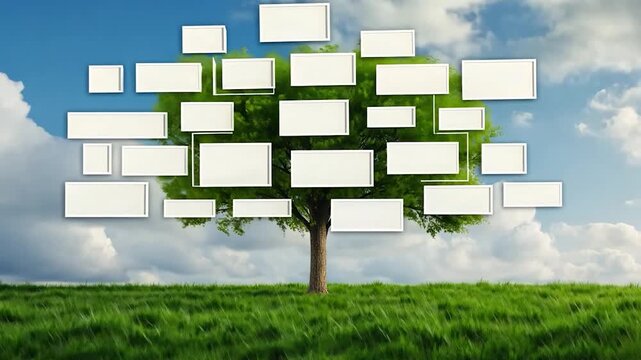 Empty white frames arranged like a tree over a grassy landscape