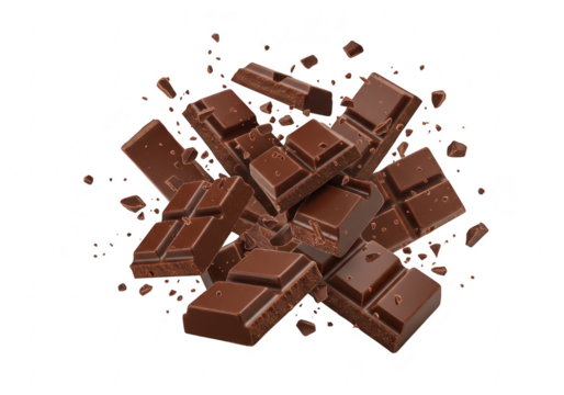 Delicious chocolate bars breaking apart into pieces with crumbs flying around isolated on transparent background