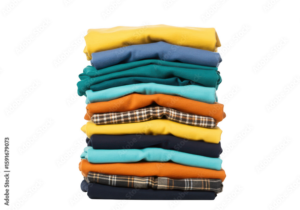Poster a neat stack of colorful folded clothes in various fabrics and patterns isolated on transparent back