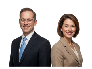 Professional business team of a man and woman posed together smiling confidently isolated on transparent background