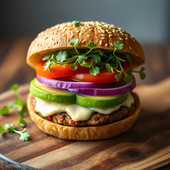 Veggie Burger With Avocado, Tomato, And Microgreens On Wooden Board