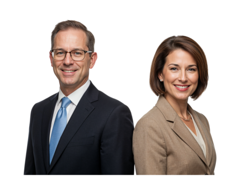 Professional business team of a man and woman posed together smiling confidently isolated on transparent background - Powered by Adobe