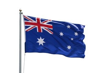 The australian flag waves proudly on a flagpole against a stark transparent background
