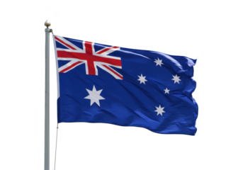 The australian flag waves proudly on a flagpole against a stark transparent background