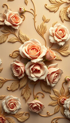 Vintage Floral Wallpaper With Baroque Style Roses And Ornate Leaves