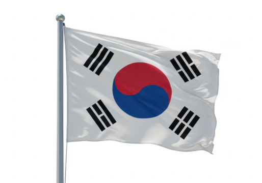 The south korean flag, featuring the taegeuk symbol and trigrams, waves on a flagpole isolated on transparent background