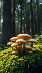 Wild Mushrooms On Moss In Sunlit Forest Floor