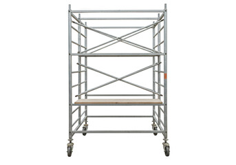 A mobile scaffolding unit with wooden planks and metal supports isolated on a transparent background