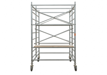 A mobile scaffolding unit with wooden planks and metal supports isolated on a transparent background