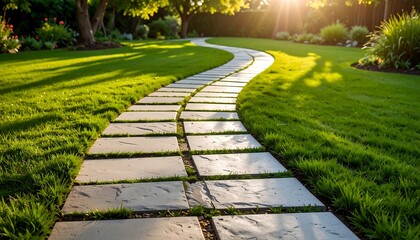 Obraz premium Winding path through a lush garden at sunset