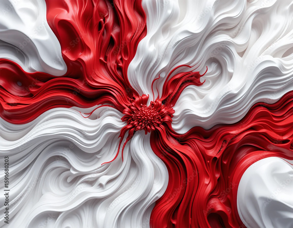 Fototapete abstract rendering of a flowing, textured design with red and white colors, resembling a flag.