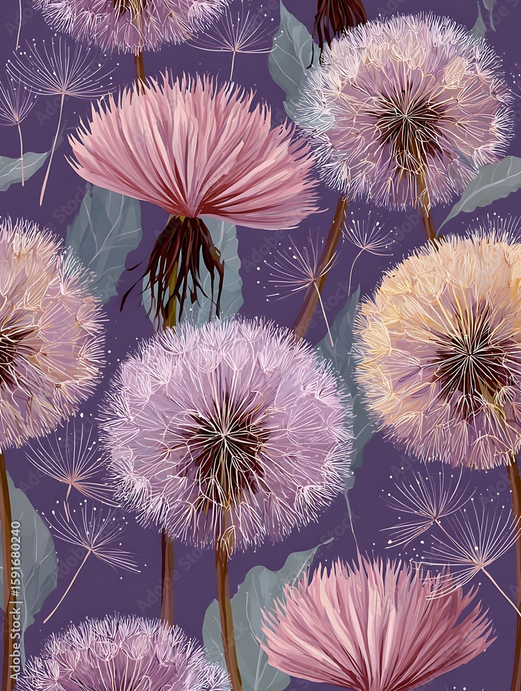 Poster purple background with delicate dandelion pattern, simple flat vector design using white lines and s