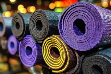 Rolled exercise mats in various colors, stacked