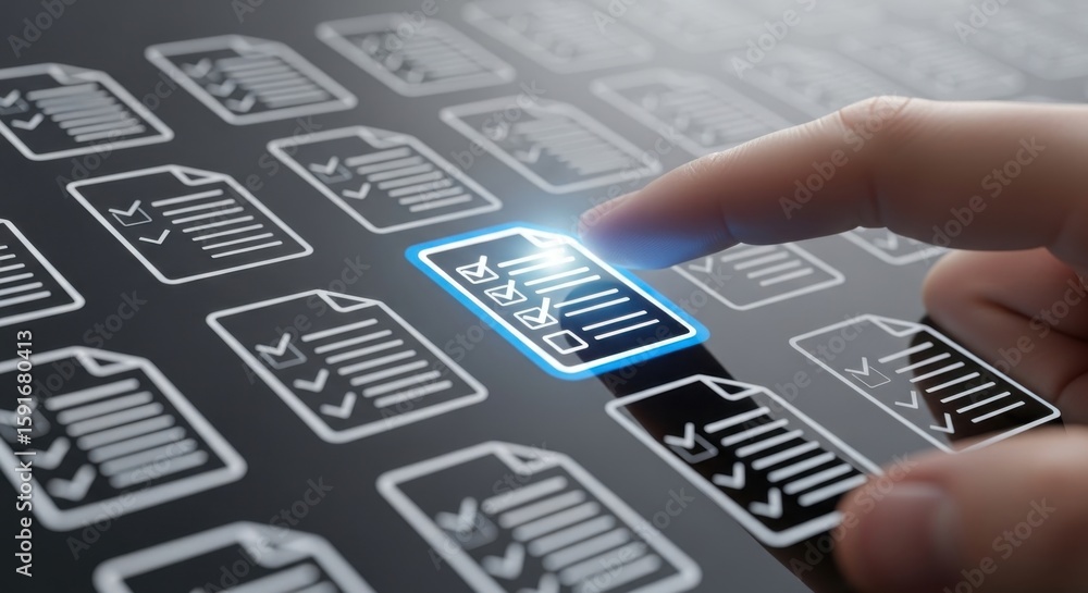 Aufkleber finger touching glowing checklist icon on digital screen with multiple document icons image