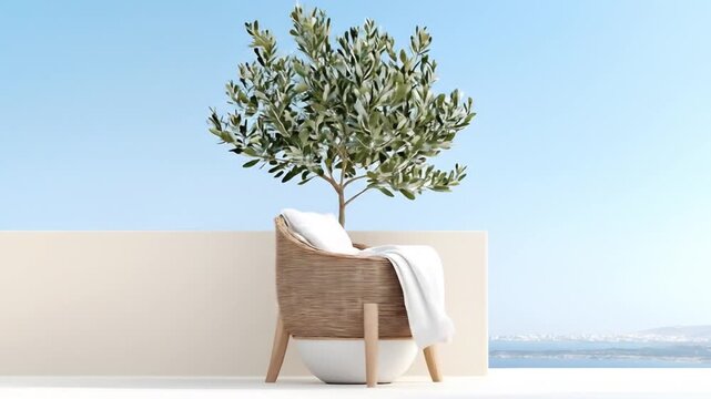 Minimalist outdoor terrace background with chair and ocean view