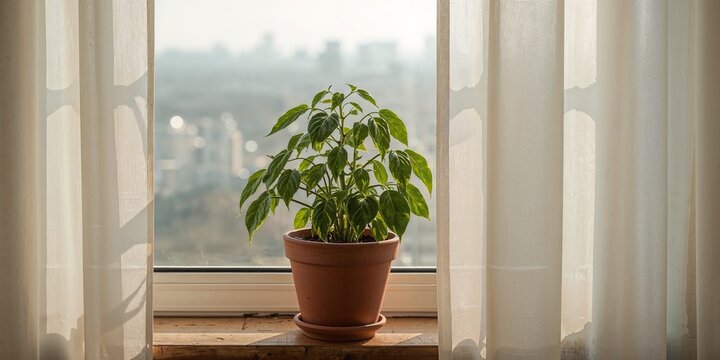 A potted plant on a windowsill with white curtains and a blurred city view in the background outside window - Powered by Adobe
