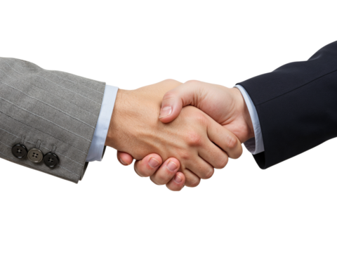 Close up of two businessmen in suits shaking hands in agreement isolated on transparent background - Powered by Adobe