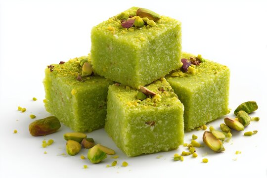 Delicious pista burfi squares arranged on a white background, showcasing their vibrant green color and topped with chopped pistachios for an enticing dessert presentation