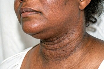 Acanthosis nigricans neck, overweight Malaysian woman, clinical macro – medical reference