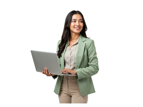 Young professional woman in a green blazer holding a laptop and smiling confidently isolated on transparent background