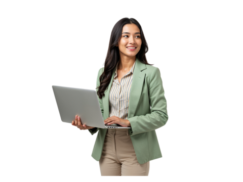 Young professional woman in a green blazer holding a laptop and smiling confidently isolated on transparent background