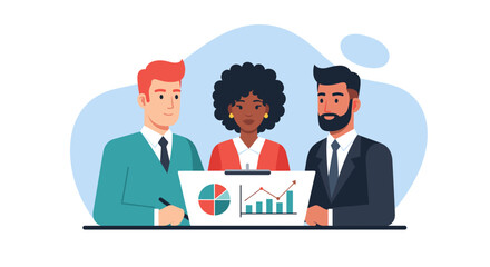 Diverse business team reviewing data charts, perfect for website banners or presentations.