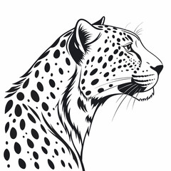 Leopard standing on a grassy mound, black and white illustration