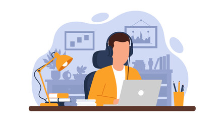 Person working from home on laptop with headphones, ideal for remote work, online learning, or work-from-home concepts.