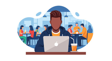Man working on laptop in a busy cafe, perfect for illustrating remote work, freelance, or co-working concepts.