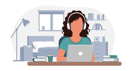 Woman working from home on laptop, wearing headphones. Ideal for blogs, websites, and articles about remote work.