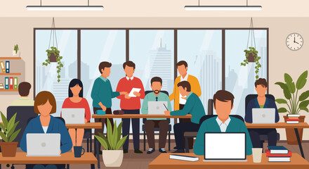 Diverse team of professionals working collaboratively in a modern office, ideal for business presentations and website banners.