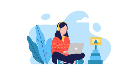 Woman working on laptop, illustration perfect for websites, blogs, and presentations on remote work, productivity, or online learning.