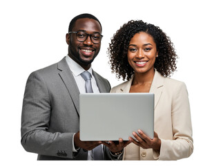 Smiling african american business man and woman in suits holding a laptop computer together isolated on transparent background