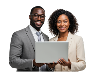 Smiling african american business man and woman in suits holding a laptop computer together isolated on transparent background