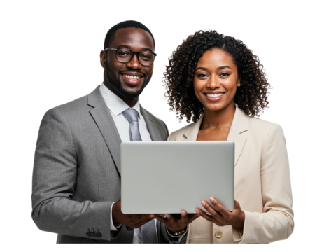 Smiling african american business man and woman in suits holding a laptop computer together isolated on transparent background