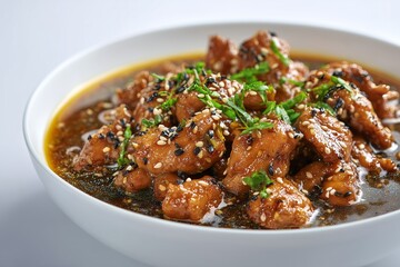 Savory sesame oil chicken stew with tender chicken pieces and aromatic herbs on a white background