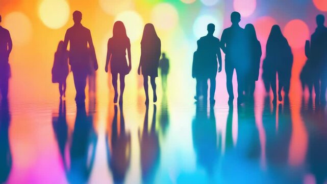 A group of people with diverse backgrounds, hands joined together in unity. A rainbow colored backdrop adds a vibrant and inclusive atmosphere.