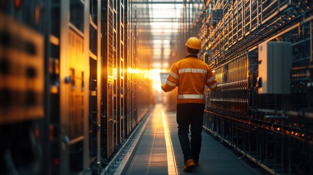 Worker in Safety Gear Walking Through Data Center at Sunset