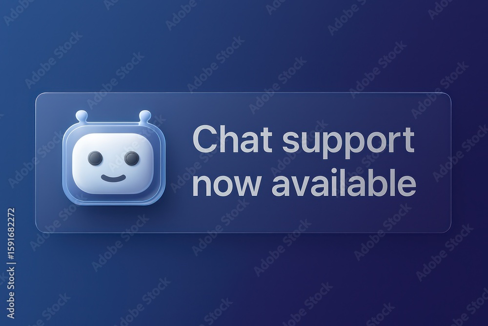 Poster a digital interface design with a chatbot icon and announcement indicating instant access to live ch
