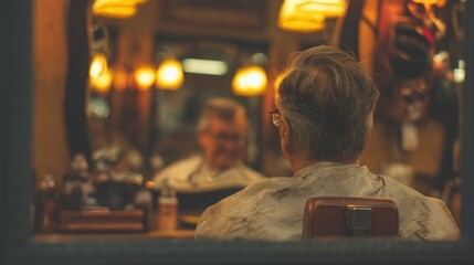 Elderly man in striped shirt sits in barber shop chair facing mirror, warm yellow lighting, cozy nostalgic atmosphere, barber tools on counter, soft focus background.