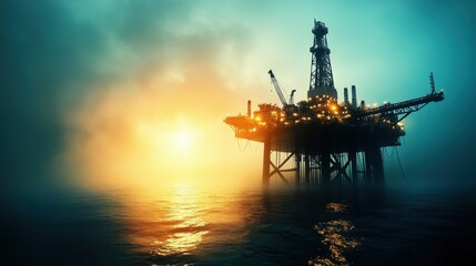 Offshore oil rig at sunset surrounded by fog and ocean waves