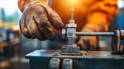 Skilled Worker Adjusting Metal Clamp with Gloved Hand in Workshop