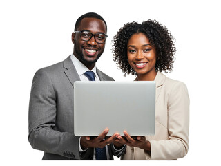 Smiling black man and woman in business attire holding a laptop together isolated on transparent background